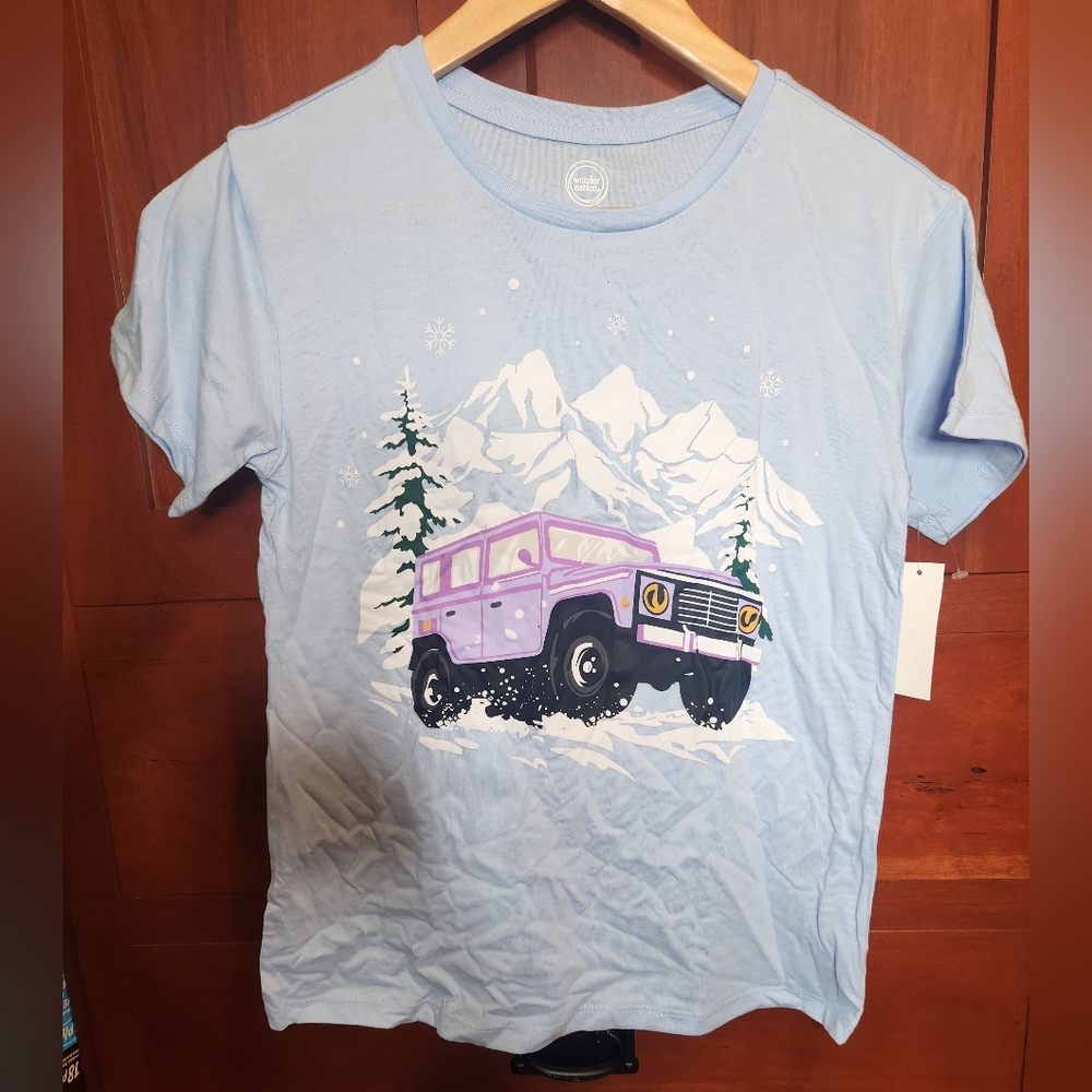 Wonder Nation Sky Blue Kids Tee with Pink Offroad SUV/ Jeep Size Large NWT